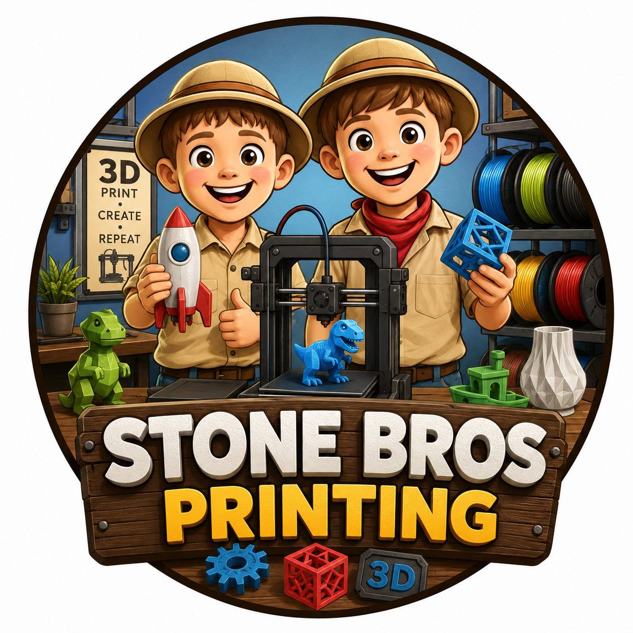Stone Bros Printing logo: two young makers with a 3D printer