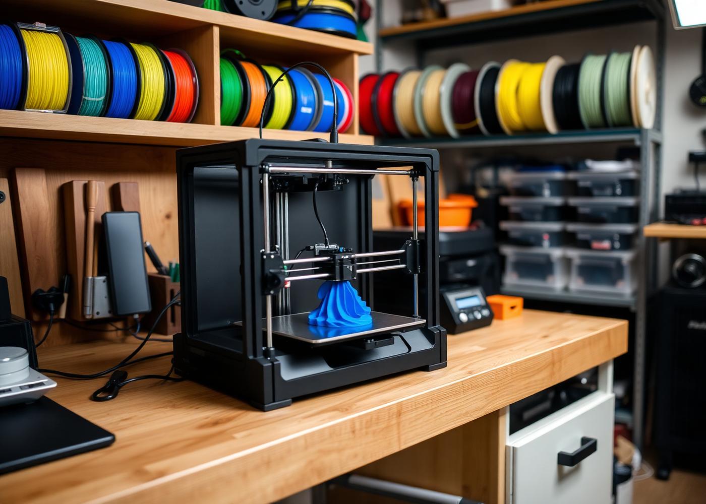 A desktop 3D printer building a blue model in the Stone Bros workshop, shelves of filament behind it
